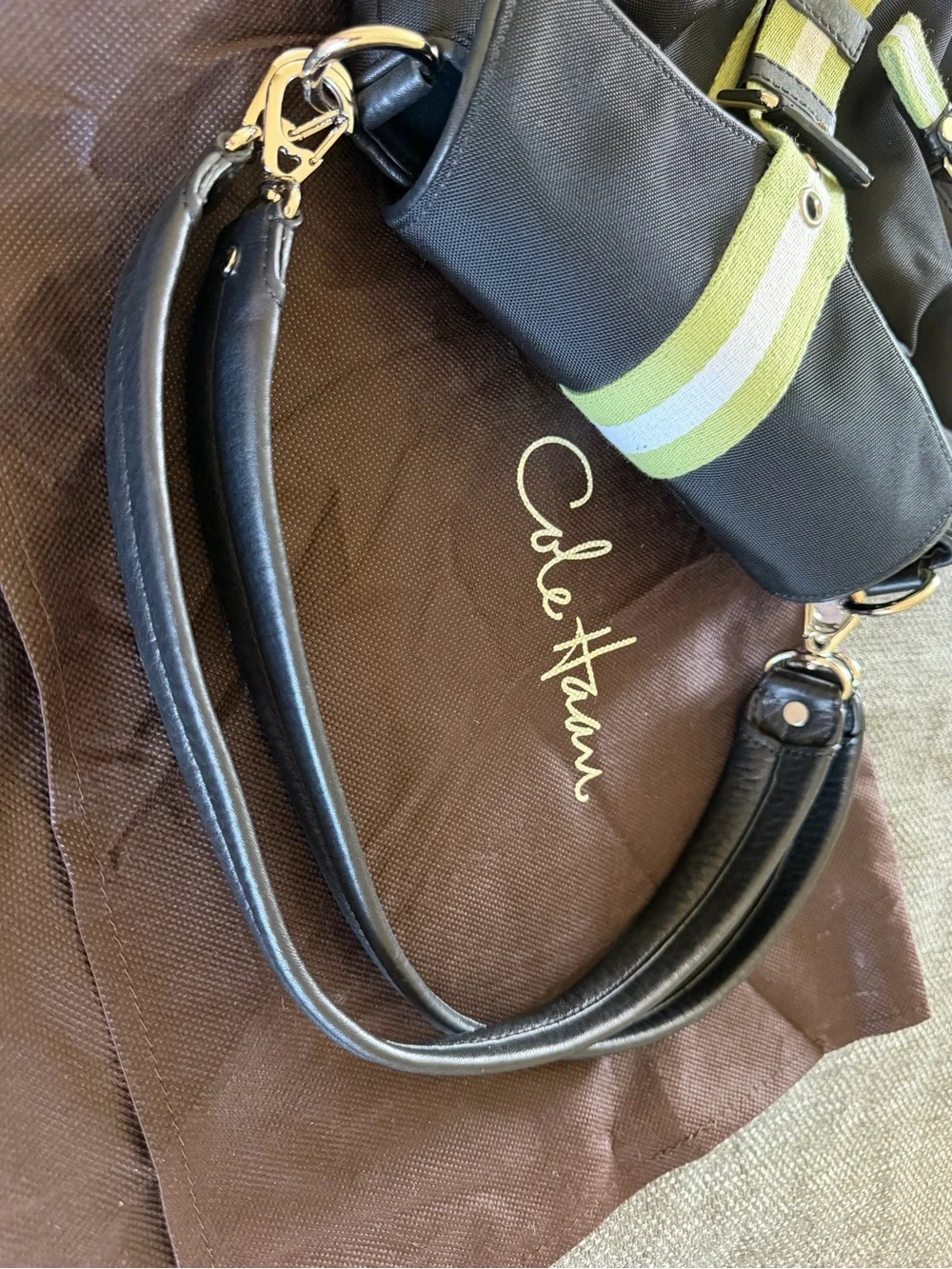 Cole Haan Black Nylon Messenger Bag with Lime and White Stripe